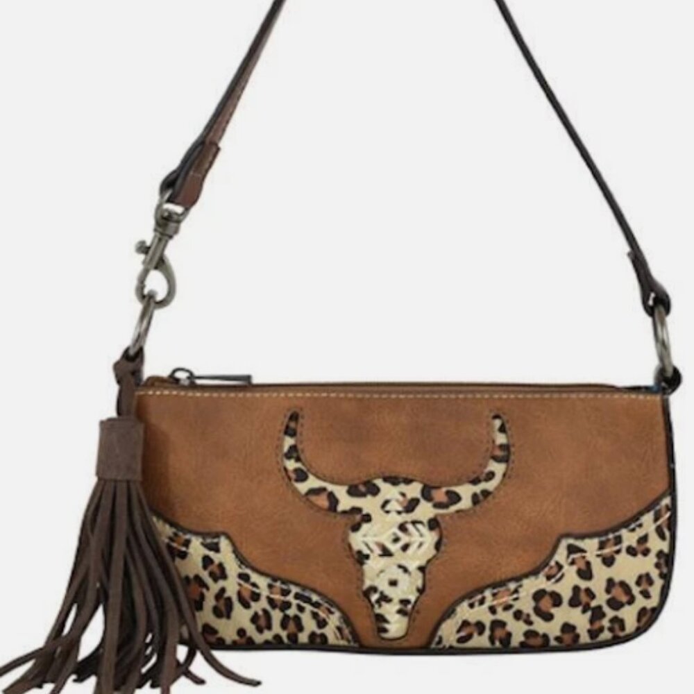 Catchfly Western Womens Shoulder Bag Steer Head Cut-out Leopard Brown
